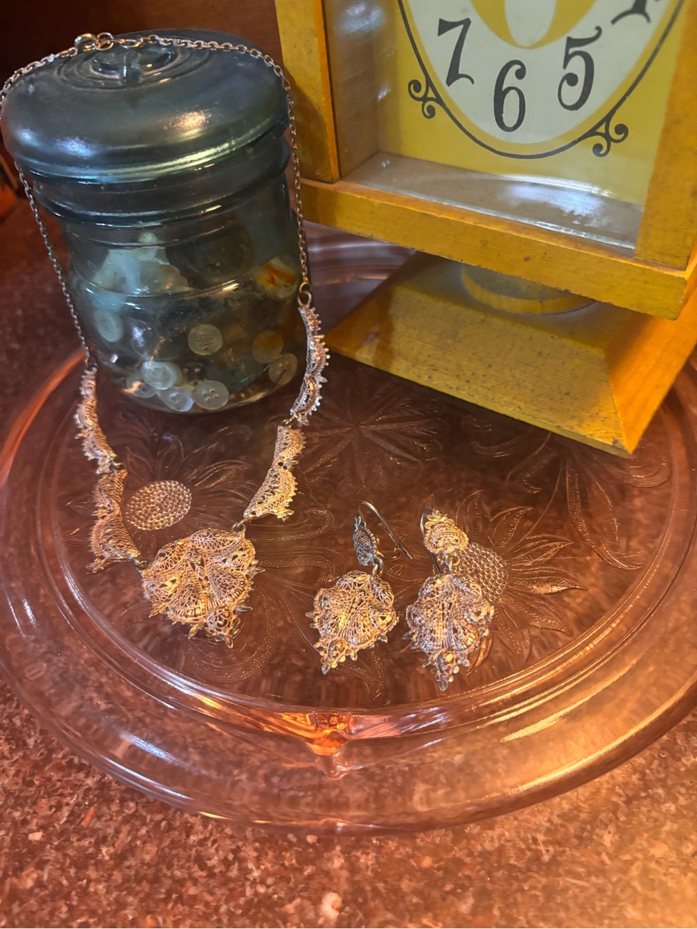 1920’s Delicate Filigree real silver Necklace and Earring Set